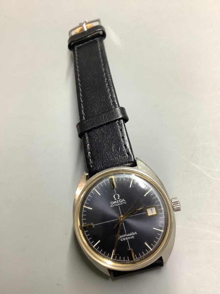 A gentleman's late 1960's stainless steel Omega Cosmic automatic wrist watch, on associated leather strap